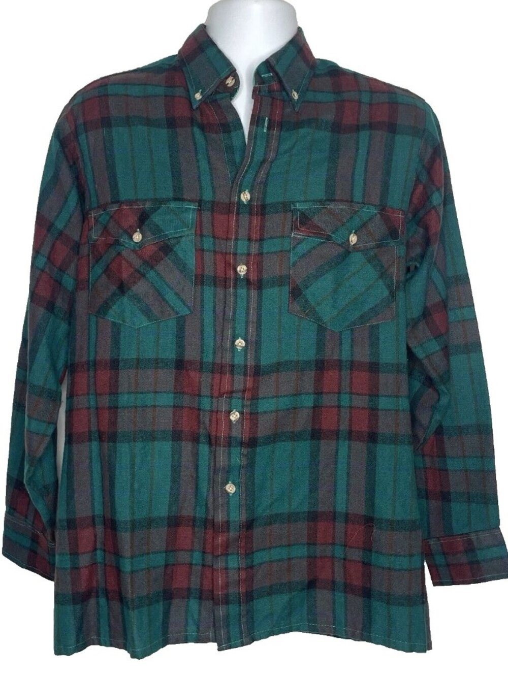 Vintage 80s Van Heusen Flannel Button Down Shirt Size M Teal Green Red Plaid